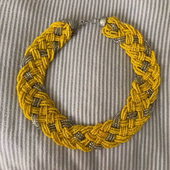 Vintage Hand-beaded-Woven Yellow and Silver-Glass Choker with Silver Hardware - Picture 11 of 11